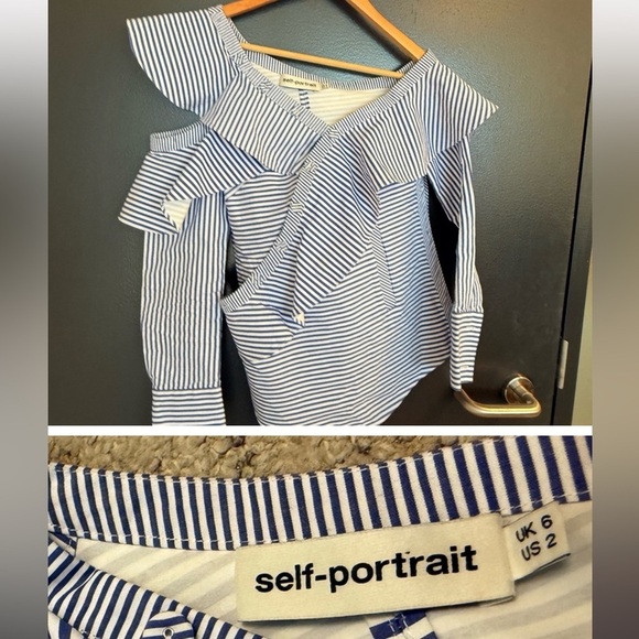 Self-Portrait size 2 EUC worn once Blue and White Striped Ruffle asymmetrical - Picture 14 of 15